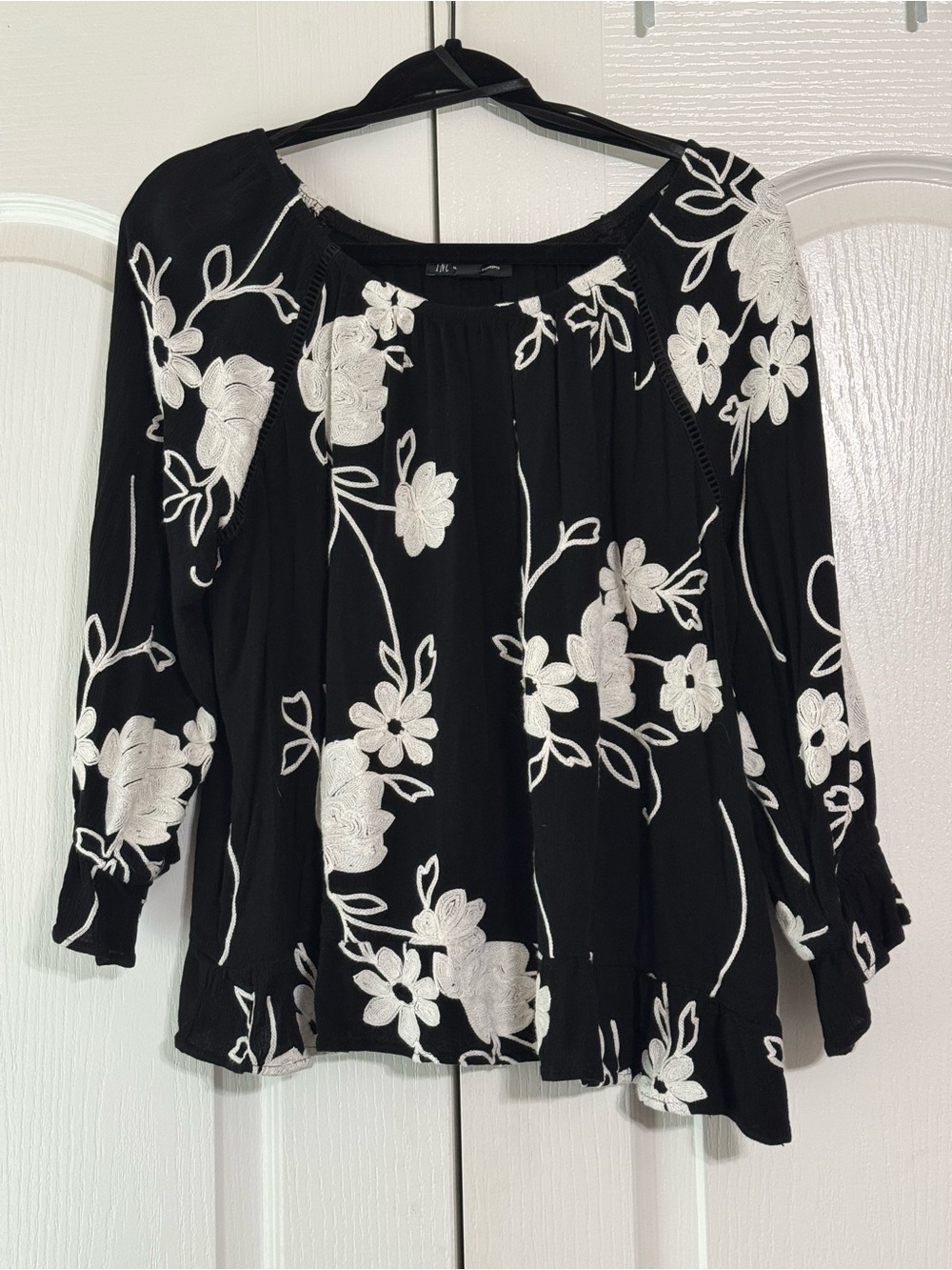 INC International Concepts Black Blouse with White Floral Embroidery